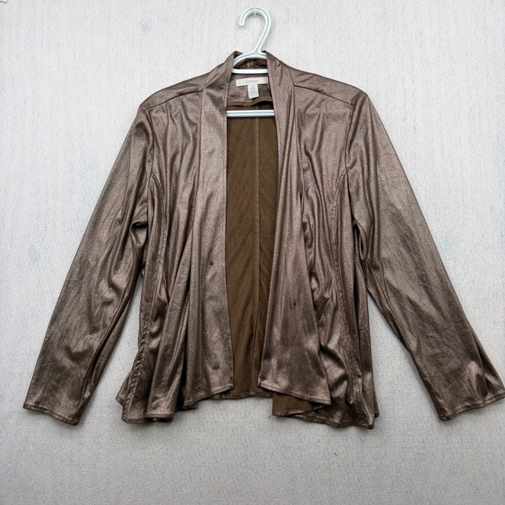 Chicos Metallic Bronze Open Front Cardigan Draped Shawl Collar Size 1 M Brown